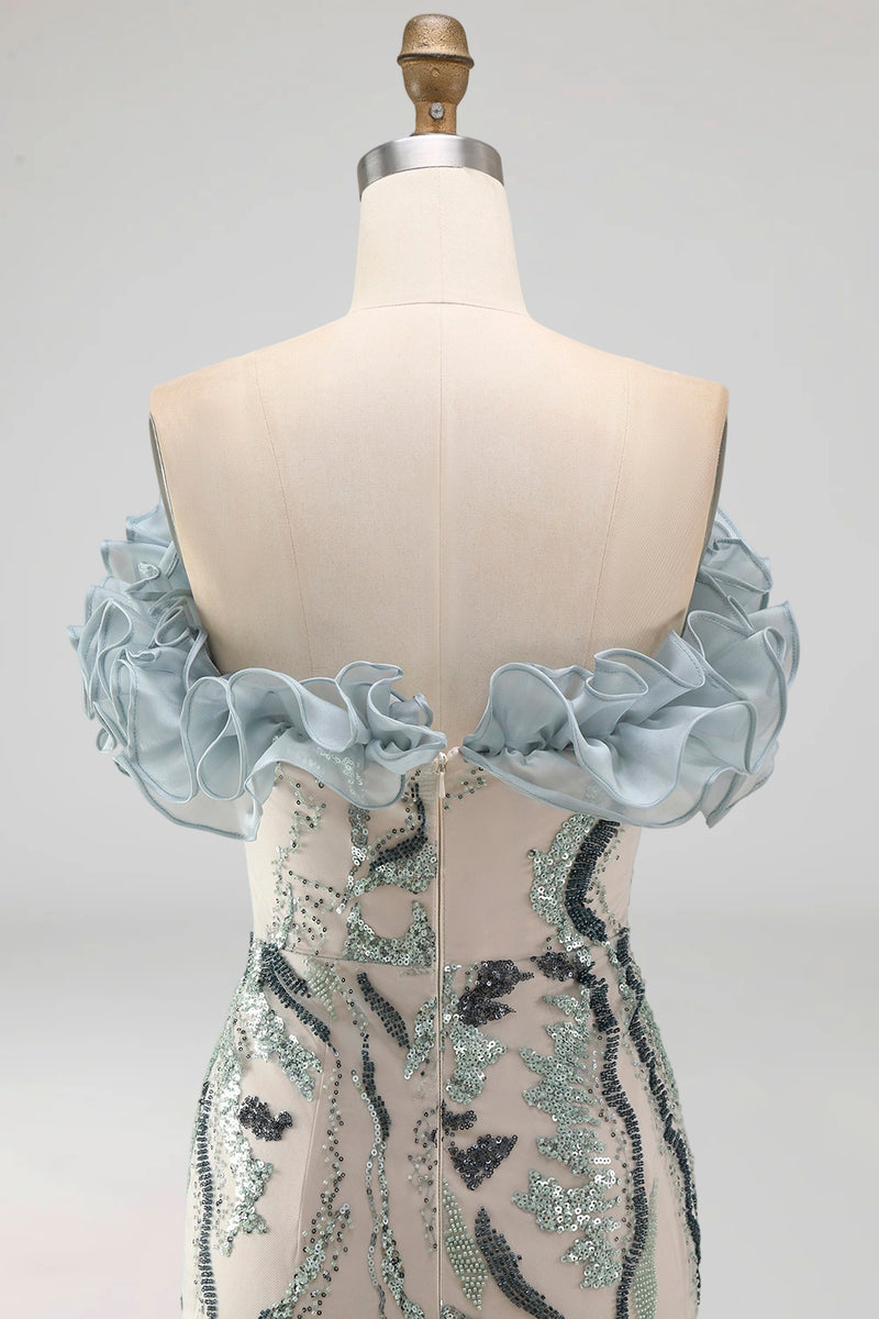 Load image into Gallery viewer, Sparkly Dusty Blue Strapless Beaded Tight Short Birthday Party Dress with Ruffles