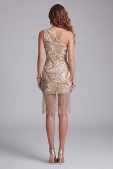Sparkly Champagne Tight Beaded One Shoulder Short Birthday Party Dress with Fringes