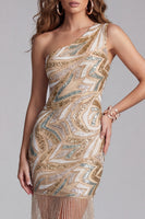 Load image into Gallery viewer, Sparkly Champagne Tight Beaded One Shoulder Short Birthday Party Dress with Fringes