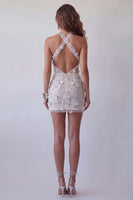 Load image into Gallery viewer, Sparkly Silver Floral Halter Beaded Tight Short Open Back Birthday Party Dress