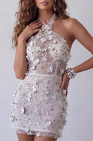 Load image into Gallery viewer, Sparkly Silver Floral Halter Beaded Tight Short Open Back Birthday Party Dress