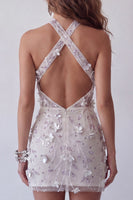 Load image into Gallery viewer, Sparkly Silver Floral Halter Beaded Tight Short Open Back Birthday Party Dress