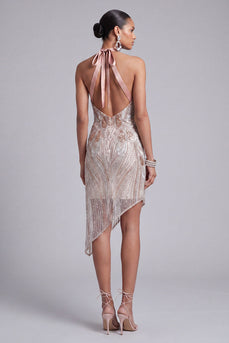 Halter Backless Tight Sparkly Short Beaded Champagne Birthday Party Dress
