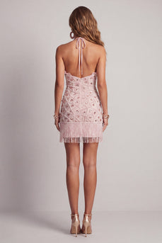 Tight Short Sparkly Blush Beaded Ruffled Halter Birthday Party Dress with Fringes