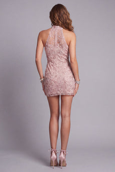 Sparkly Floral High Neck Tight Short Blush Beaded Birthday Party Dress