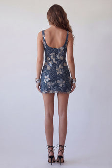 Sparkly Navy Beaded Floral Thick Straps Tight Short Birthday Party Dress