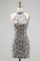 Load image into Gallery viewer, Sparkly Open Back High Neck Silver Beaded Tight Short Birthday Party Dress