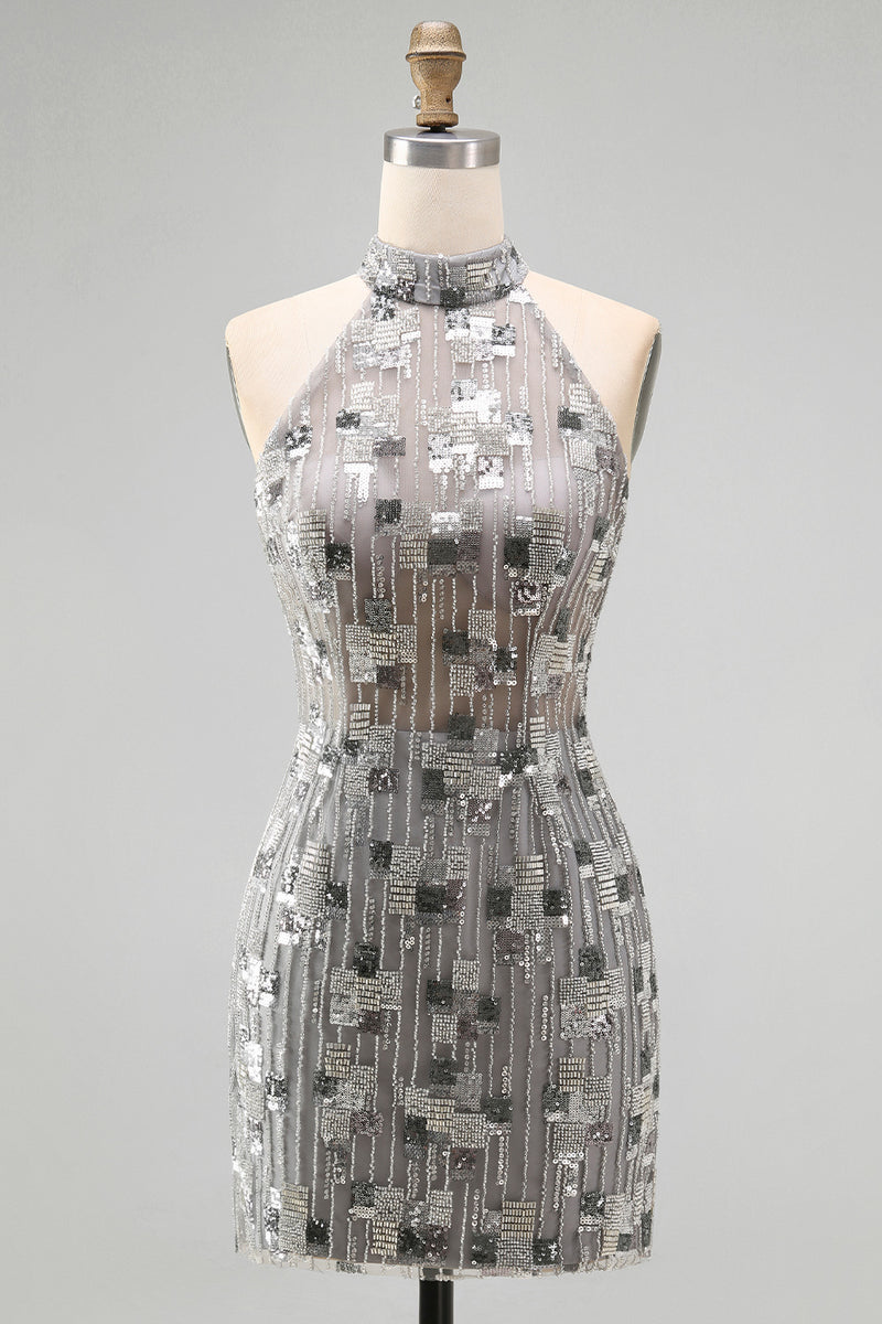 Load image into Gallery viewer, Sparkly Open Back High Neck Silver Beaded Tight Short Birthday Party Dress