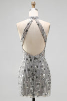 Load image into Gallery viewer, Sparkly Open Back High Neck Silver Beaded Tight Short Birthday Party Dress