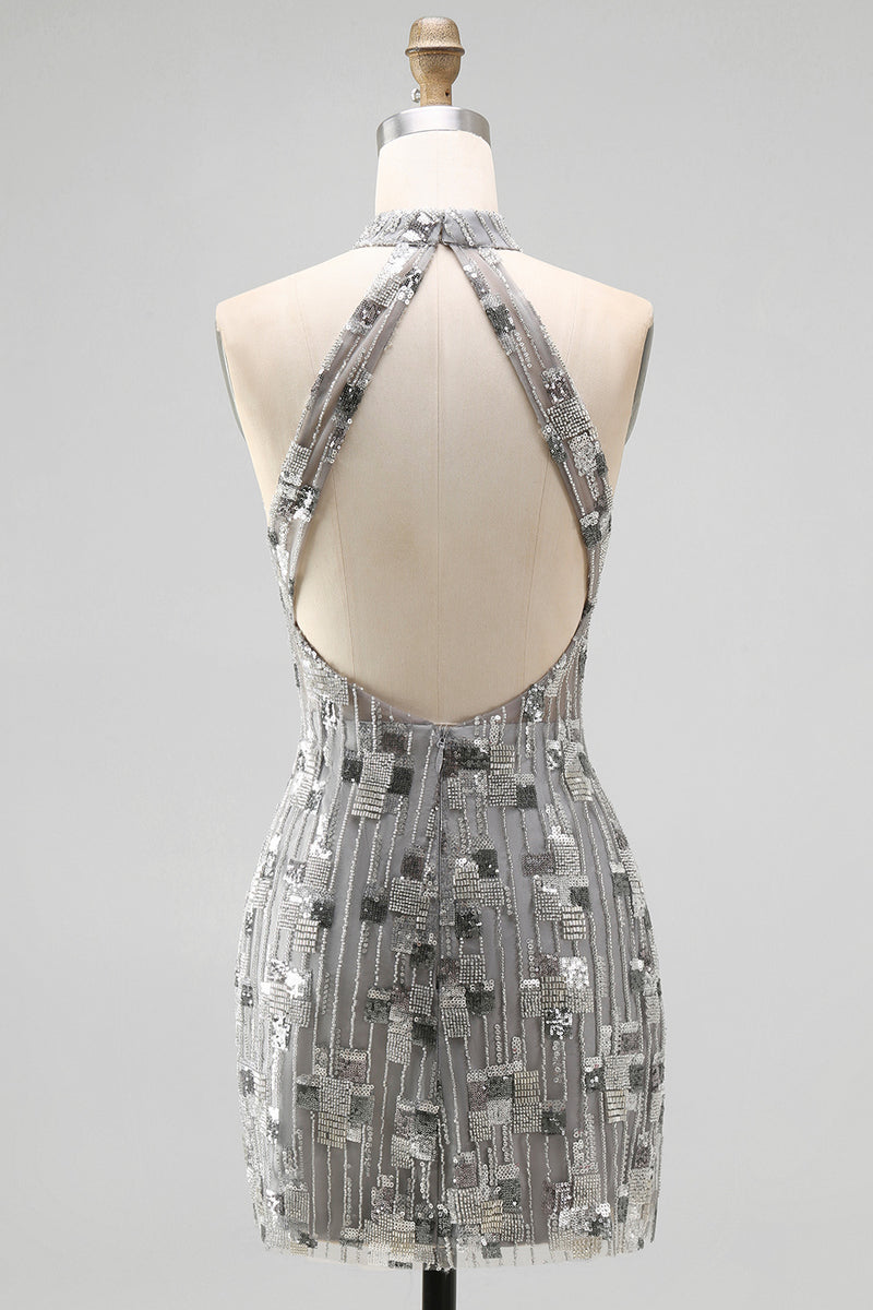 Load image into Gallery viewer, Sparkly Open Back High Neck Silver Beaded Tight Short Birthday Party Dress