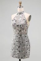 Load image into Gallery viewer, Sparkly Open Back High Neck Silver Beaded Tight Short Birthday Party Dress