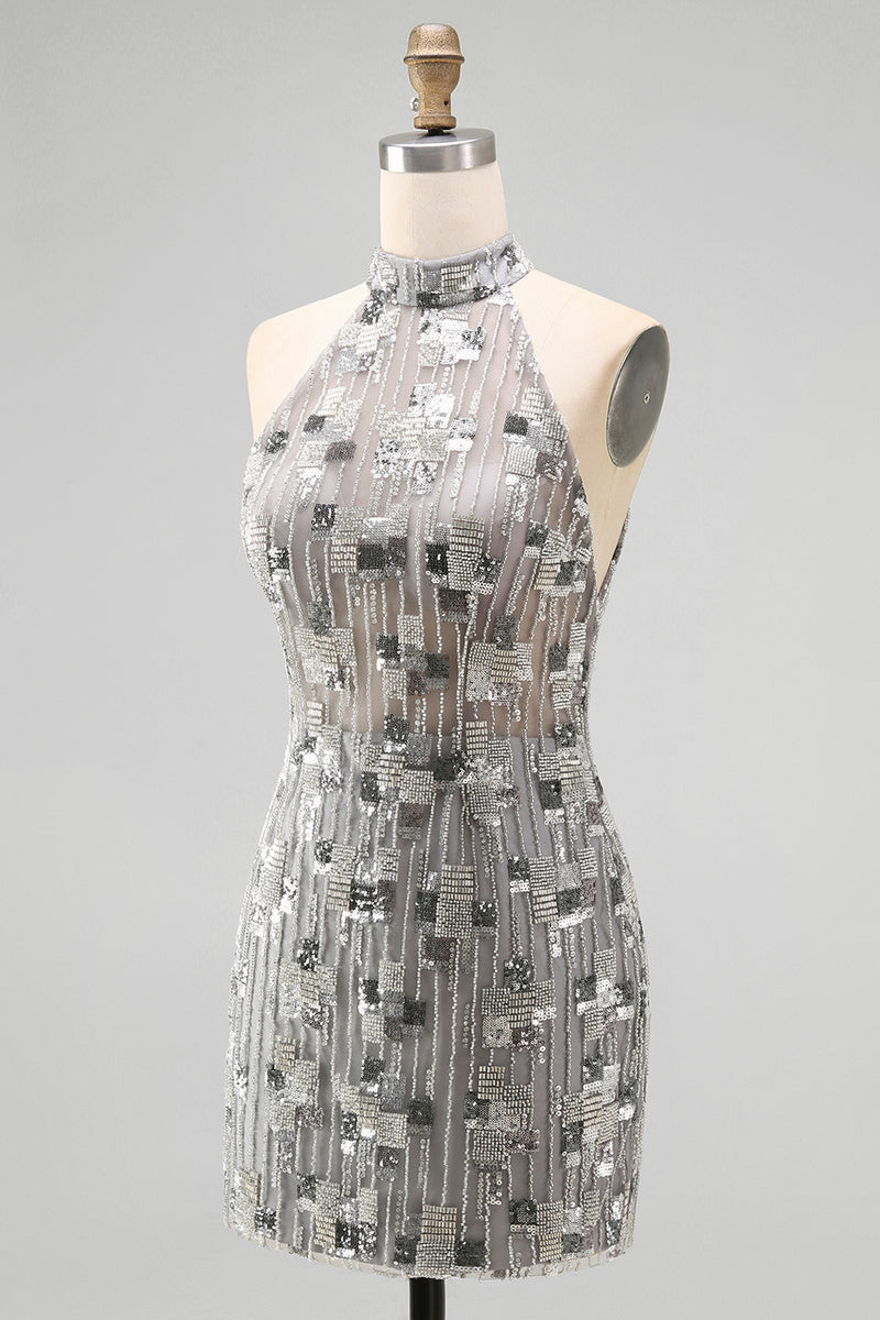 Load image into Gallery viewer, Sparkly Open Back High Neck Silver Beaded Tight Short Birthday Party Dress