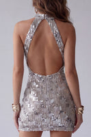 Load image into Gallery viewer, Sparkly Open Back High Neck Silver Beaded Tight Short Birthday Party Dress