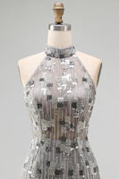Load image into Gallery viewer, Sparkly Open Back High Neck Silver Beaded Tight Short Birthday Party Dress