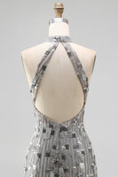 Load image into Gallery viewer, Sparkly Open Back High Neck Silver Beaded Tight Short Birthday Party Dress