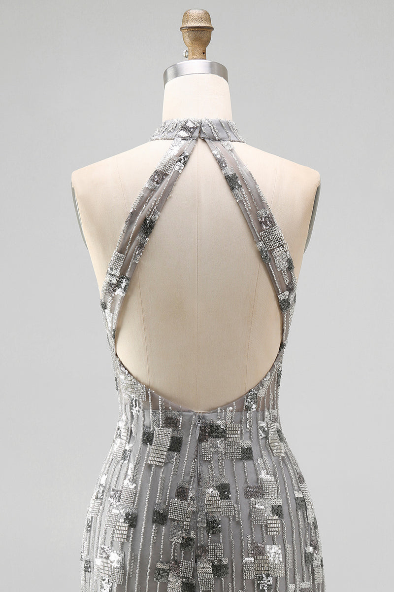 Load image into Gallery viewer, Sparkly Open Back High Neck Silver Beaded Tight Short Birthday Party Dress