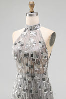 Load image into Gallery viewer, Sparkly Open Back High Neck Silver Beaded Tight Short Birthday Party Dress