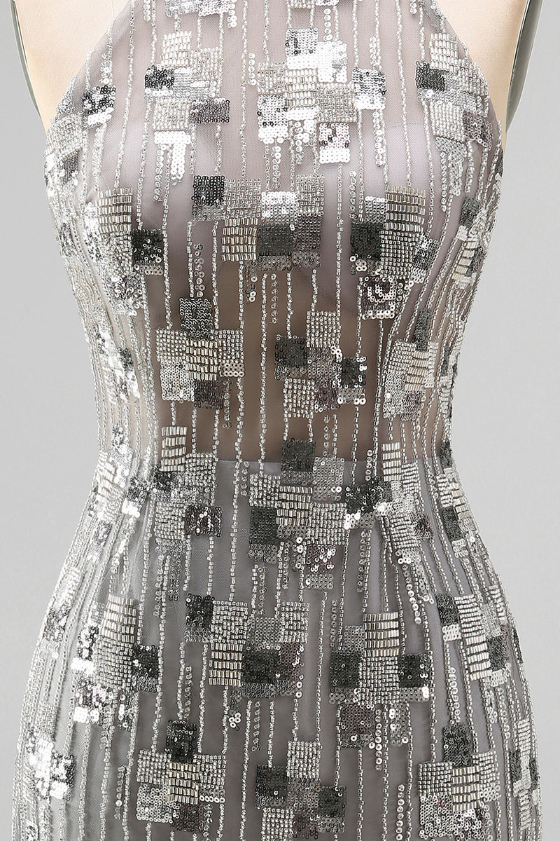 Load image into Gallery viewer, Sparkly Open Back High Neck Silver Beaded Tight Short Birthday Party Dress