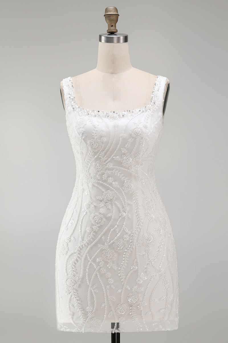 Load image into Gallery viewer, Sparkly White Beaded Tight Thick Straps Floral Short Birthday Party Dress