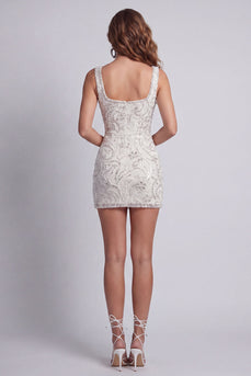Sparkly White Beaded Tight Thick Straps Floral Short Birthday Party Dress