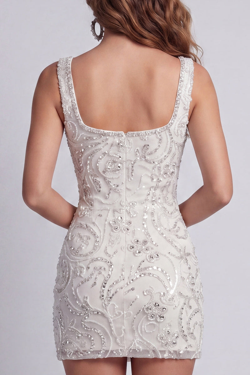 Load image into Gallery viewer, Sparkly White Beaded Tight Thick Straps Floral Short Birthday Party Dress