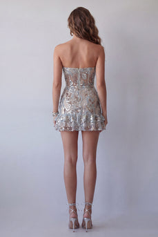 Sparkly Dusty Sage Tight Strapless Short Beaded Birthday Party Dress with Ruffles