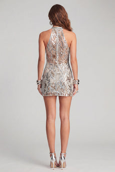 Beaded Round Neck Silver Sparkly Tight Short Birthday Party Dress