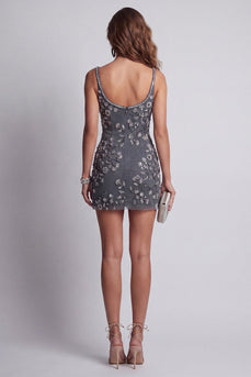 Sparkly Dark Grey Floral Beaded Keyhole Tight Short Spaghetti Straps Birthday Party Dress