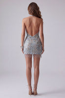 Load image into Gallery viewer, Sparkly Grey Blue Beaded Backless Halter Tight Short Birthday Party Dress with Fringes