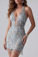 Load image into Gallery viewer, Sparkly Grey Blue Beaded Backless Halter Tight Short Birthday Party Dress with Fringes