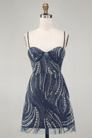 Load image into Gallery viewer, Sparkly Beaded Thick Straps Navy Short Birthday Party Dress