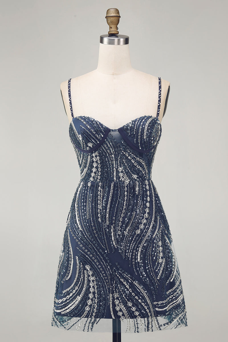 Load image into Gallery viewer, Sparkly Beaded Thick Straps Navy Short Birthday Party Dress