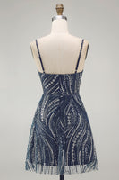 Load image into Gallery viewer, Sparkly Beaded Thick Straps Navy Short Birthday Party Dress