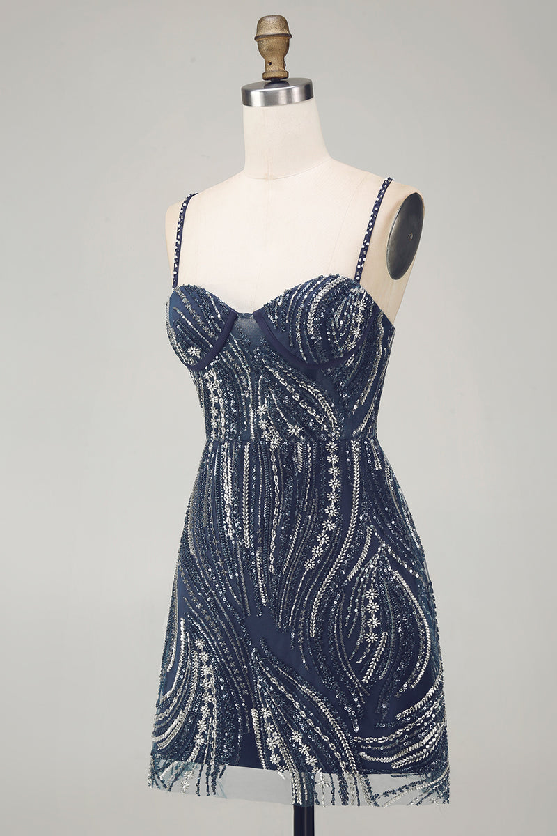 Load image into Gallery viewer, Sparkly Beaded Thick Straps Navy Short Birthday Party Dress
