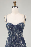 Load image into Gallery viewer, Sparkly Beaded Thick Straps Navy Short Birthday Party Dress