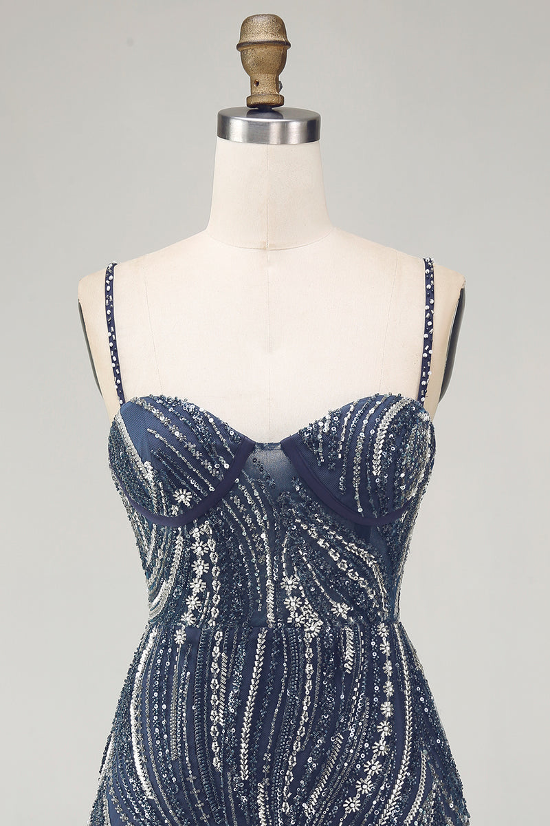 Load image into Gallery viewer, Sparkly Beaded Thick Straps Navy Short Birthday Party Dress