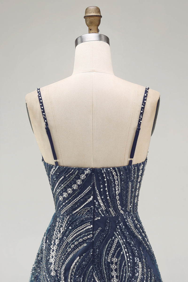 Load image into Gallery viewer, Sparkly Beaded Thick Straps Navy Short Birthday Party Dress