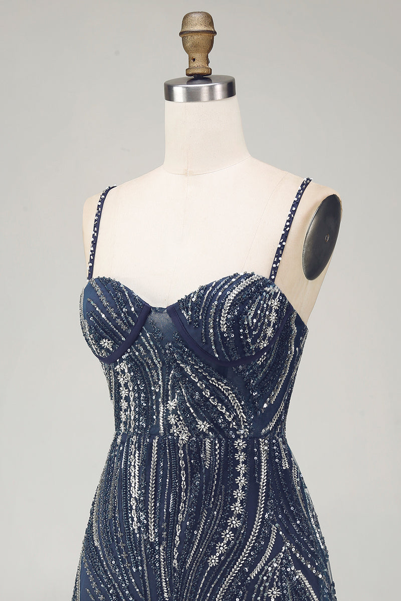 Load image into Gallery viewer, Sparkly Beaded Thick Straps Navy Short Birthday Party Dress