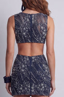 Load image into Gallery viewer, Sparkly Navy Beaded Boat Neck Tight Cut Out Short Birthday Party Dress