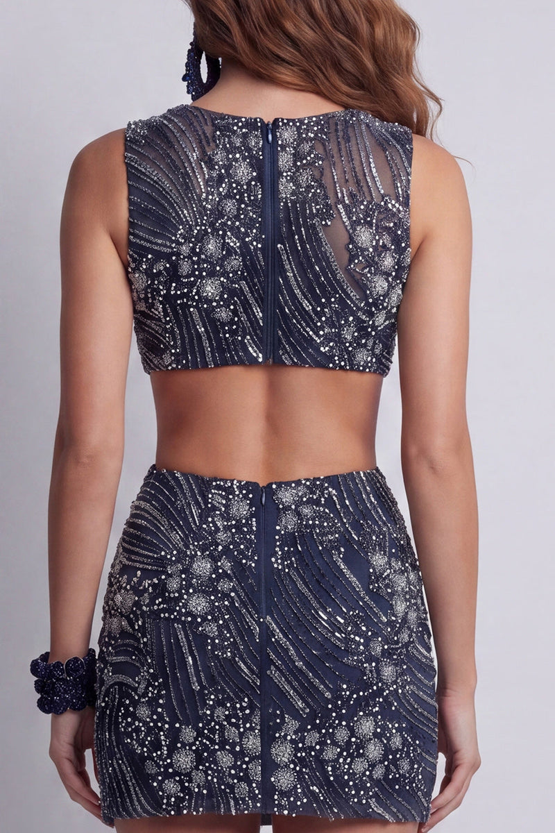 Load image into Gallery viewer, Sparkly Navy Beaded Boat Neck Tight Cut Out Short Birthday Party Dress