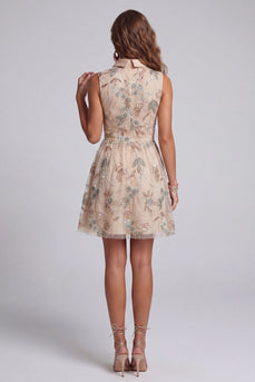 Sparkly Champagne A Line Beaded Keyhole Short Birthday Party Dress with Bow