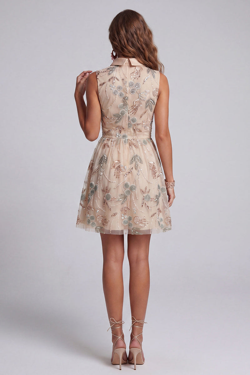 Load image into Gallery viewer, Sparkly Champagne A Line Beaded Keyhole Short Birthday Party Dress with Bow