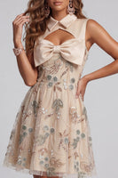 Load image into Gallery viewer, Sparkly Champagne A Line Beaded Keyhole Short Birthday Party Dress with Bow