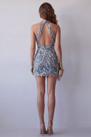 Load image into Gallery viewer, Tight Short Sparkly Beaded Grey Blue Halter Birthday Party Dress