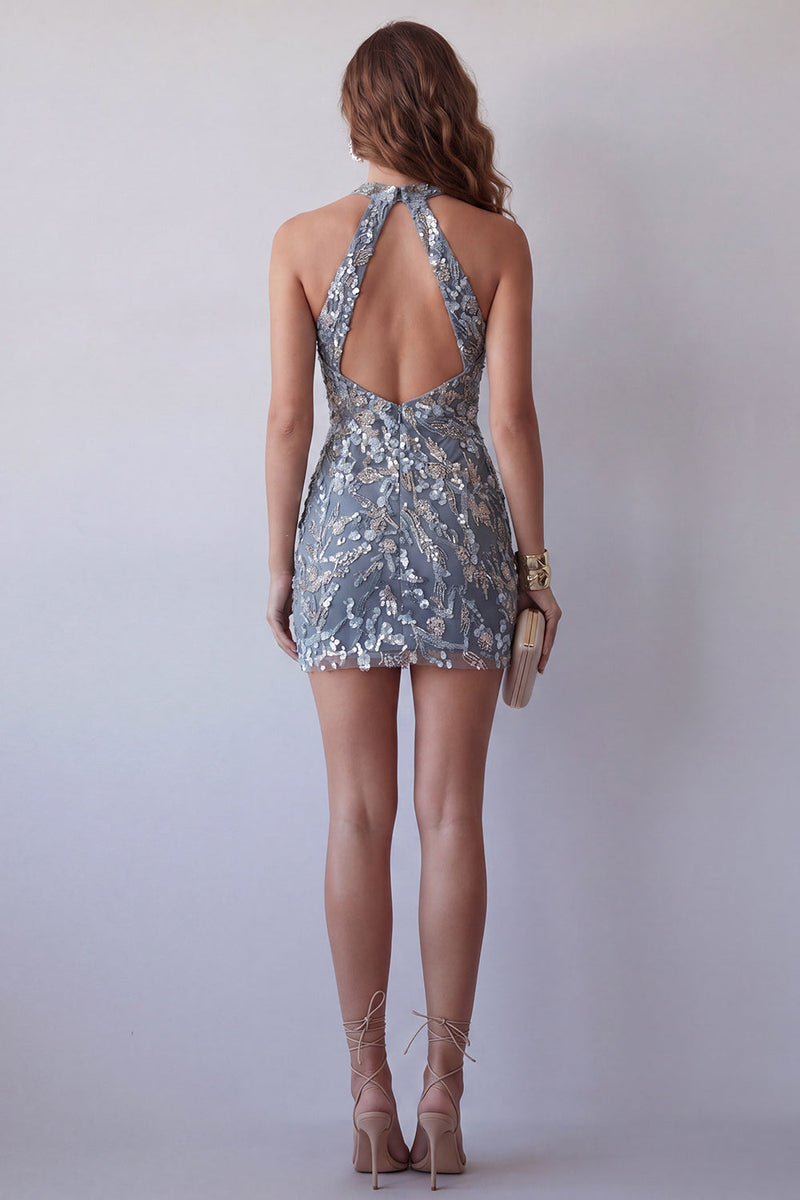 Load image into Gallery viewer, Tight Short Sparkly Beaded Grey Blue Halter Birthday Party Dress