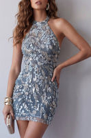 Load image into Gallery viewer, Tight Short Sparkly Beaded Grey Blue Halter Birthday Party Dress