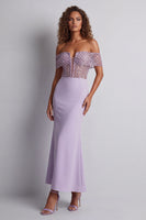 Load image into Gallery viewer, Light Purple Off the Shoulder Long Mermaid Corset Formal Dress with Beading