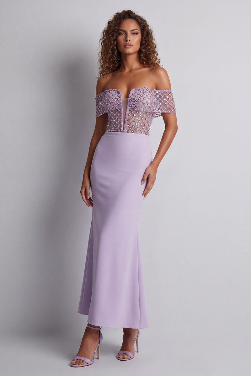 Load image into Gallery viewer, Light Purple Off the Shoulder Long Mermaid Corset Formal Dress with Beading