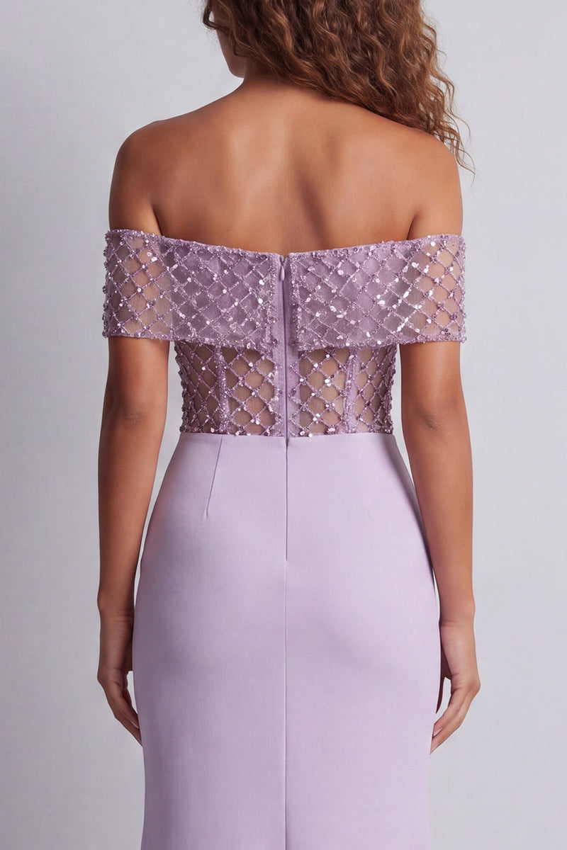 Load image into Gallery viewer, Light Purple Off the Shoulder Long Mermaid Corset Formal Dress with Beading