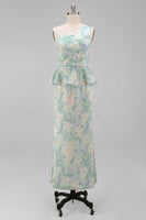 Load image into Gallery viewer, Floral One Shoulder Light Green Long Mermaid Ruched Formal Dress with Ruffles